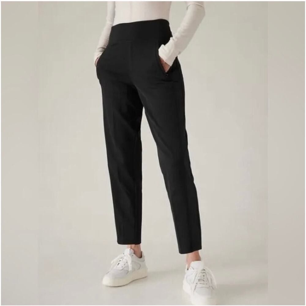 Athleta Endless Satin Stripe Women's Black Straight-Leg Ponte Pants